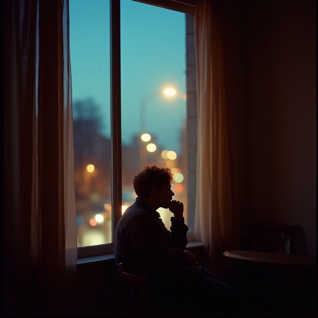 Person sitzt am Abend still am Fenster, warmes Licht, nachdenkliche Stimmung