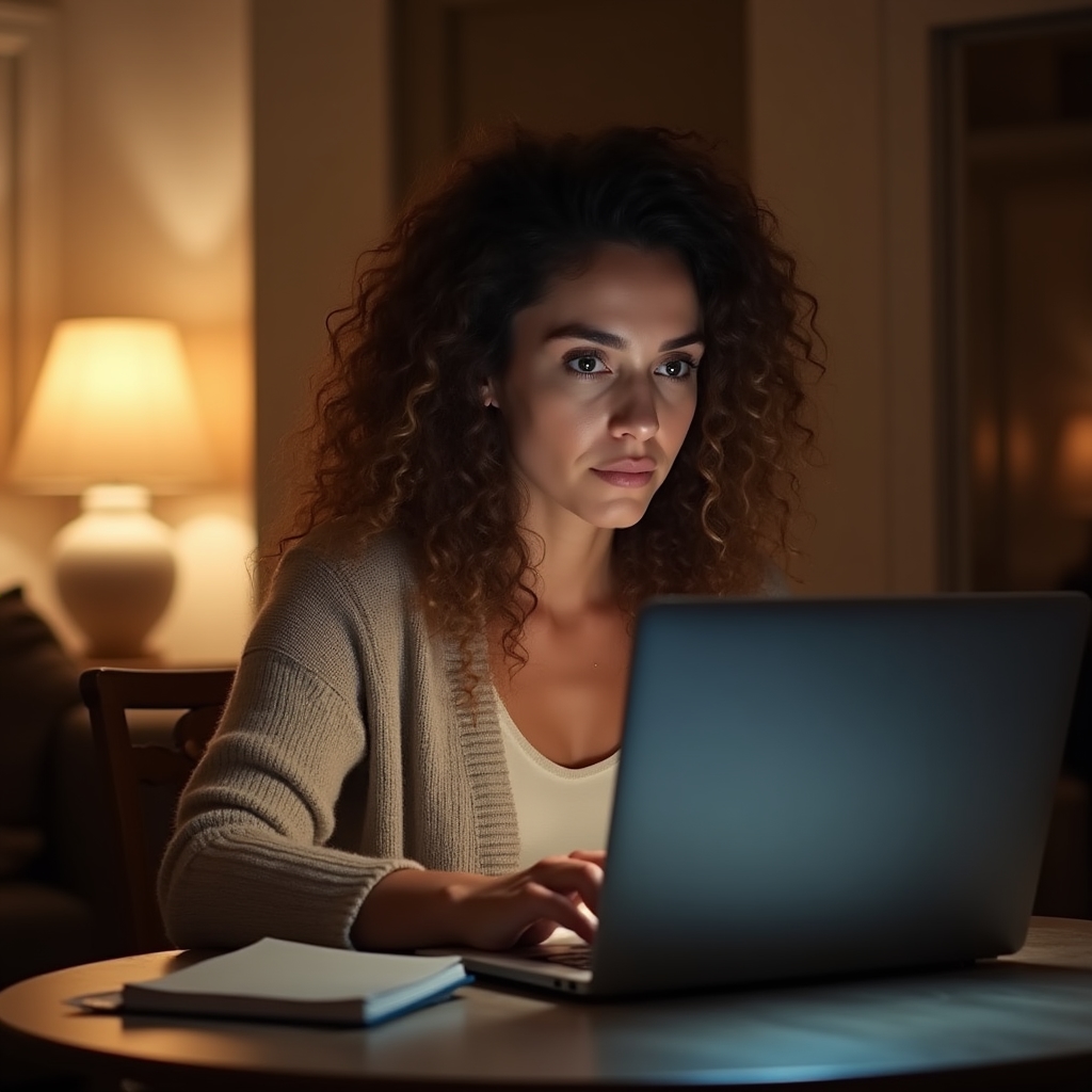Person nimmt konzentriert an einer Online-Webinar-Sitzung am Laptop teil, ruhige häusliche Umgebung
